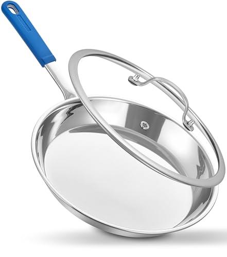 LOLIKITCH 10 In Stainless Steel Skillet - Professional Induction Fry Pan, Oven Safe 600°F, Tri-Ply Stainless Steel Clad, Dishwasher Safe, Detachable Handle, PFOA Free, Commercial Restaurant Grade