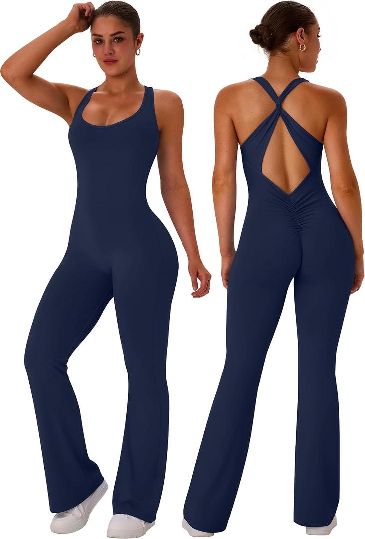 TDIFFUN Flare Workout Jumpsuits for Women One Piece Sleeveless Scrunch Butt Lifting Gym Bodysuit Sexy Backless Yoga Outfits (M)