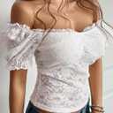 Lace Tops for Women Off Shoulder Going Out Tops Sexy Sheer Mesh Puff Short Sleeve Summer Crop Floral Corset Top (White, XL)