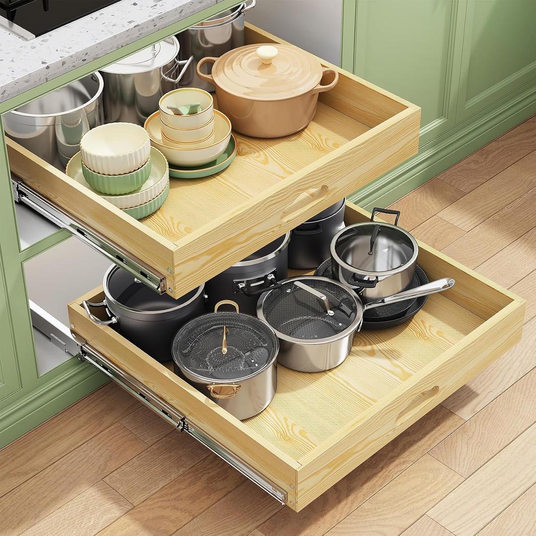 Pull Out Cabinet Organizer, Soft Close Wooden Slide Out Drawers for Pots and Pans, Full-extension Roll Out Shelves for Kitchen Cabinets, Pantry Organization, Bottom & Side Mount (21"W X 21"D x 3.4''H)