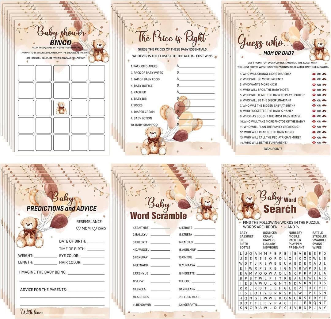 Jetec 302 Pcs Bear Baby Shower Games Set 6 Games Include Baby Shower Word Scramble Word Search Predictions and Advice the Price is Right Guess Mom or Dad(Brown Bear)