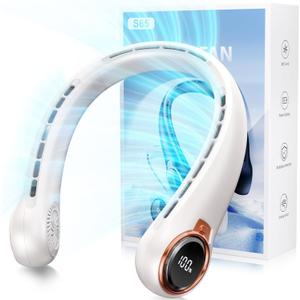 Portable Neck Fan with 6000mAh USB - Rechargeable Battery, Ultra-Light Bladeless Neck Fan LED Display, 360 Cooling Wearable Fan, 3 Speeds (White) (Grey)