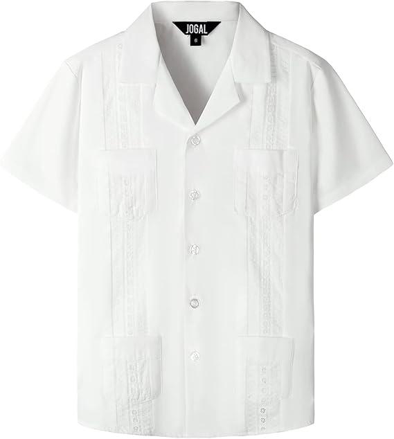 JOGAL Boys Guayabera Shirts Cuban Short Sleeve Casual Button Down Beach Shirt, White Size 6