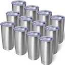 20oz Tumbler Bulk Stainless Steel Tumblers with Lid Vacuum Insulated Double Wall Travel Coffee Mug Powder Coated Tumbler Cup for Hot and Cold Drinks(Stainless Steel, 12 pack)