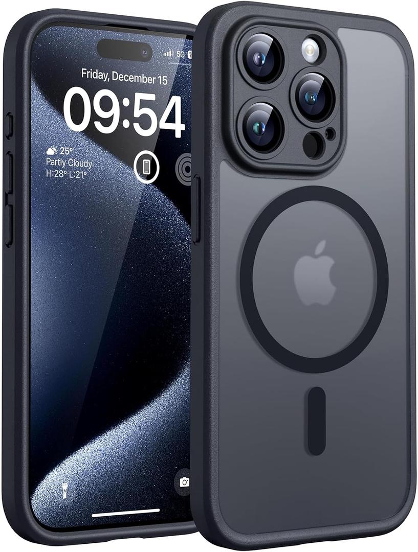 TOCOL Magnetic for iPhone 15 Pro Case, Upgraded Full Camera Protection, Compatible with Magsafe, Drop Protection, Translucent Matte Back Phone Cover 6.1-Inch (Black)