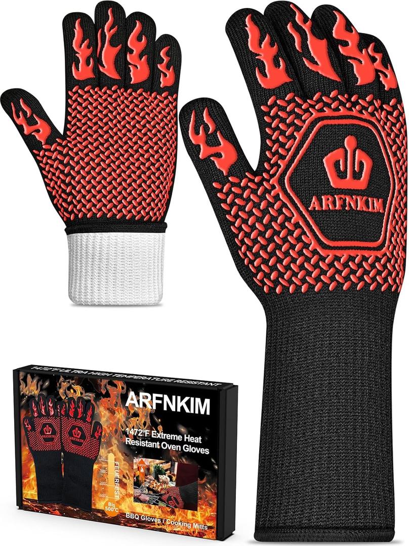 BBQ Oven Gloves, 1472 3-Layers Heat Resistant Oven Mitts Silicone Non-Slip Cooking Gloves for Barbecue, Grilling, Baking, Welding, Smoker (A Pair) (Red)