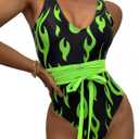 Womens One Piece Flame Print High Cut Bodysuit Swimsuit Bikini Swimwear Bathing Suit Rave Costume (Small, Neon Green)