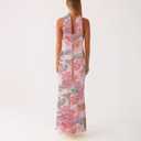 Women Floral Tube Maxi Dress with Scarf Summer Strapless Tube Bodycon Mesh Layer Cocktail Party Wedding Guest Dress, S