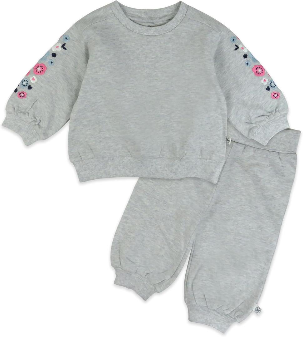 HonestBaby Baby Girls' 2-piece Cozy Sweatsuit With Embroidered Sleeve 100% Organic Cotton for Infant Baby and Toddler, Girls (3-6 Months, Light Gray Heather)