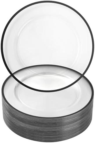 Goodluck 12 Inch Black Charger Plates, 50 Pack Clear Charger Plates with Black Trim, Disposable Plastic Dinnerware, Wedding, Party