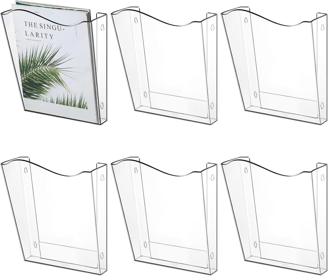 Sintuff 6 Pack Unbreakable Vertical Acrylic Wall File Folder, Single Pocket Wall Mount File Holder Brochure Holder Magazine Paper Organizer for Office and Home, 11 x 3 x 10 Inch, Clear