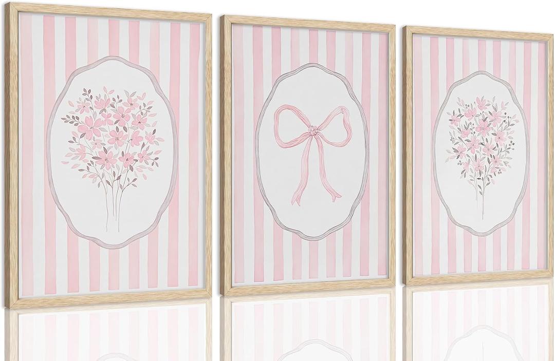 Framed 3 Piece OAK Wall Art Pink Floral Pink Striped Flower Canvas Prints | Coquette Bow Pictures Wall Decor Minimalist Botanical Aesthetic Paintings Artwork for Bedroom Bathroom Living Room 16x20in
