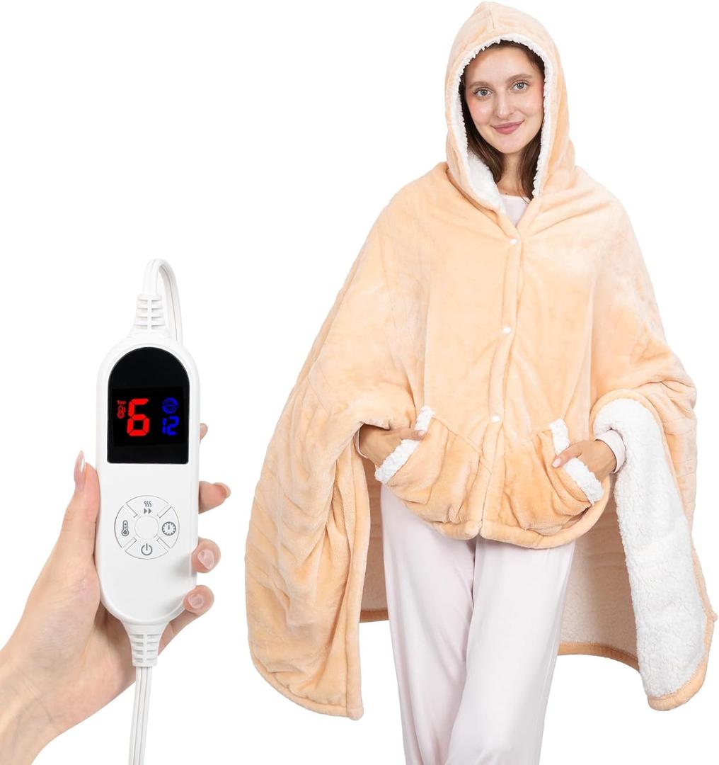 DAILYLIFE Wearable Heated Blanket, 40"x70" Eletric Throw with 6 Heating Levels and 12 Hours Timer, Heated Wrap Poncho Shawl & Hoodies with Pockets, Machine Washable with ETL Certification, Beige