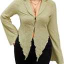 WDIRARA Women's Plus Size Lace Bell Long Sleeve Top Button Front Collared V Neck Y2K Shirts (Green, XL)