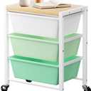 Rolling Cart with 3 Drawers, Plastic Drawer Storage Carts with Lockable Wheels & Wooden Tabletop, Metal Utility Cart Organizer, Office Bedroom Classroom Craft Organization and Storage, Bright Green