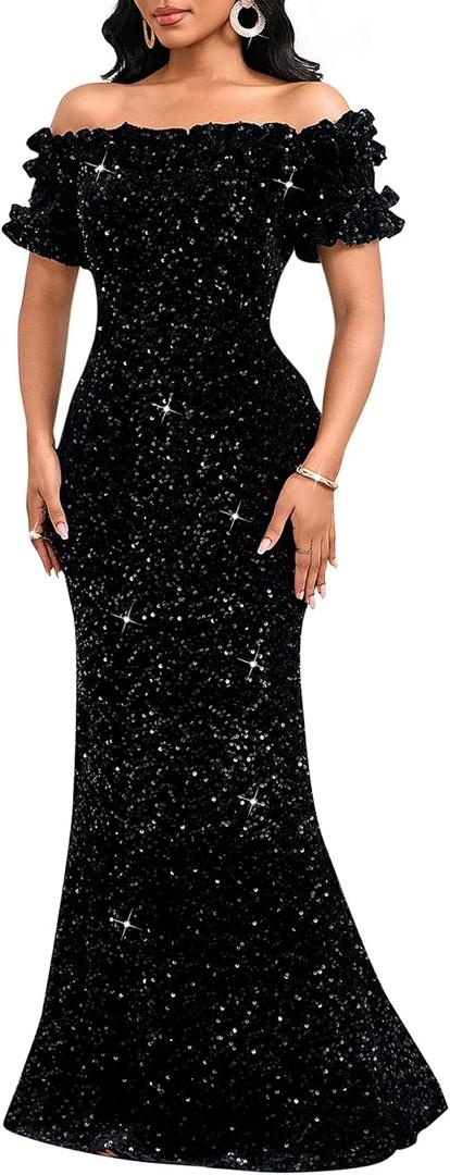 Dasmzper Women Sexy Sequin Off Shoulder Ruffle Short Sleeve Bodycon Mermaid Party Formal Evening Maxi Dress (Black, XXL)