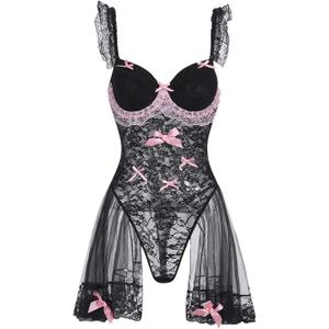 MakeMeChic Women's One Piece Lingerie Floral Lace Mesh Sheer Bow Front Sleeveless Teddy Bodysuit (Large, Black)