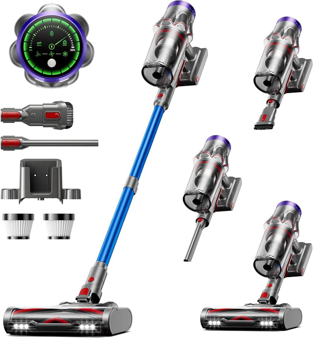 Cordless Vacuum Cleaner, 55KPa 650W 70Mins Vacuum Cleaner for Home, Anti-Tangle Self-Standing Stick Vacuum with Scented Tablet, Upgraded Dust Cup Scraping, Vacuum Cordless for Pet Hair/Carpet/Floors (Blue)