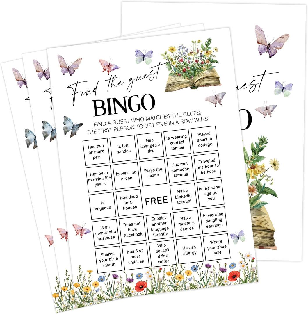 Storybook Baby Shower Games, Wildflower Butterfly Find The Guest Bingo Game for 30 Guests with Game Cards, Gender Reveal, Baby Shower Supplies & Decorations (DV46)