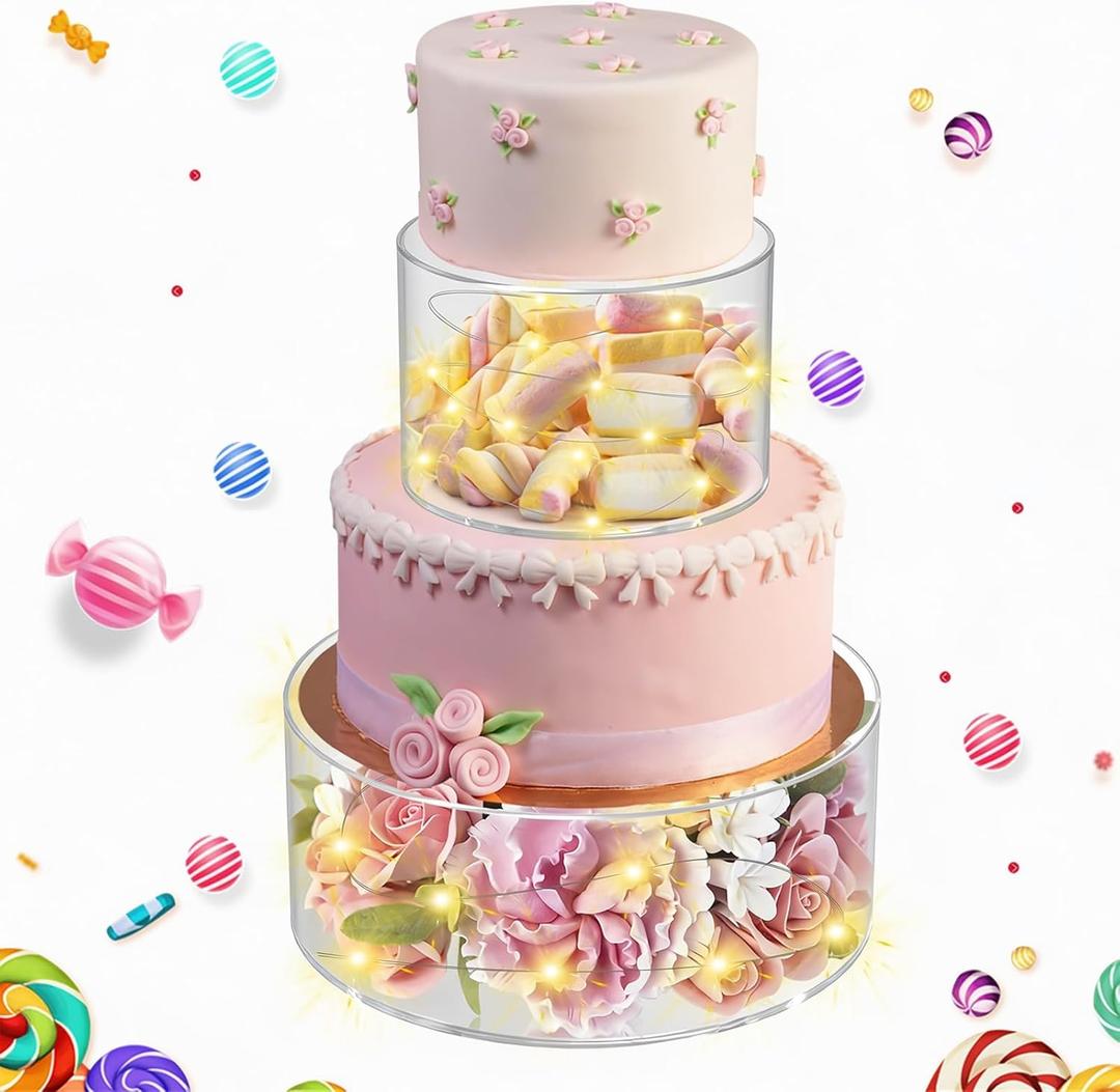 SAMYUCHO 2 Pcs Acrylic Cake Stand 6" Dx4 H 10" Dx4 H with Led Lights for Party Wedding Cake Stand Clear Cake Cupcake Display Stand Centerpiece Tier Floating Cup Cake Supports Stands for Stacking