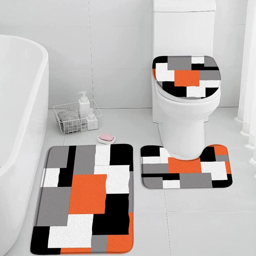 Orange Black Grey White Bathroom Rugs Abstract 3D Geometric Mid Century Absorbent Soft 3 Pieces Set Toilet Lid Cover Pedestal Rugs U-Shaped Non-Slip Carpet Floor Decor (45 x75 Inch-3PCS)