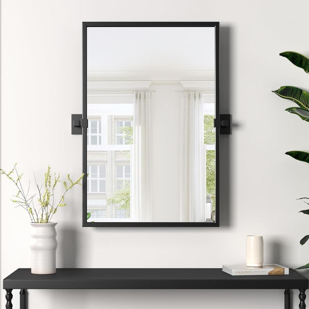 24x36 Inch Pivot Mirror Black Metal Frame Tilting Bathroom Mirrors for Over Sink, Adjustable Rectangle Mirrors Farmhouse Vanity Mirror for Bedroom, Living Room, Entrance