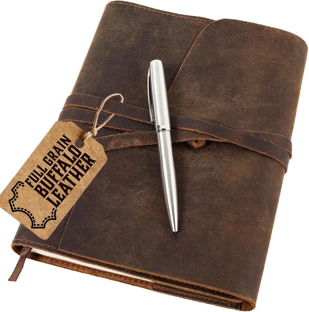 moonster Leather Journal Refillable Notebook - Writing Journals for Women, Mens Journal Leather Notebook Cover with Pen - Leather Bound Lined Paper A5 Travelers Diary - Travel Journal for Writing