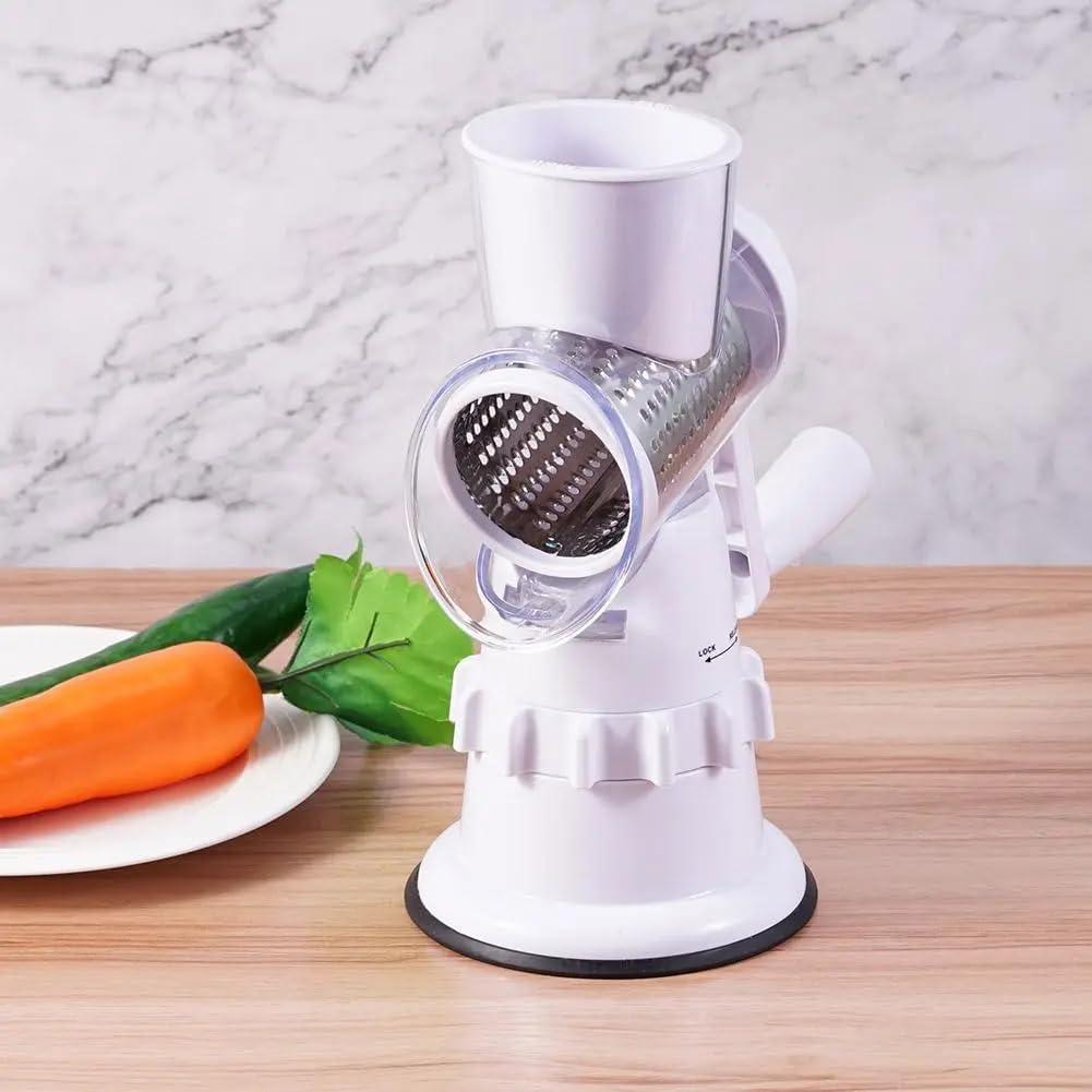 Cheese Grater Hand Crank Rotary Mandoline Slicer - Salad Chopper, Vegetable Cutter - Cheese Slicer - Multi-Blade Kitchen Gadgets With Strong Suction Base for Cheese, Nuts, Fruits and Veggies (White)