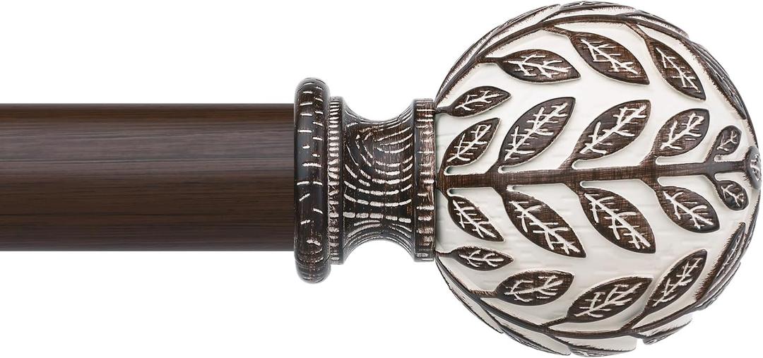 Walnut Wood Curtain Rod 36-122 Inch, Boho Decorative 1 Inch Rustic Curtain Rod for Farmhouse Window, Adjustable Heavy Duty Long Vintage Window Treatment Rods, Imitation Wood Grain Leaf Finial