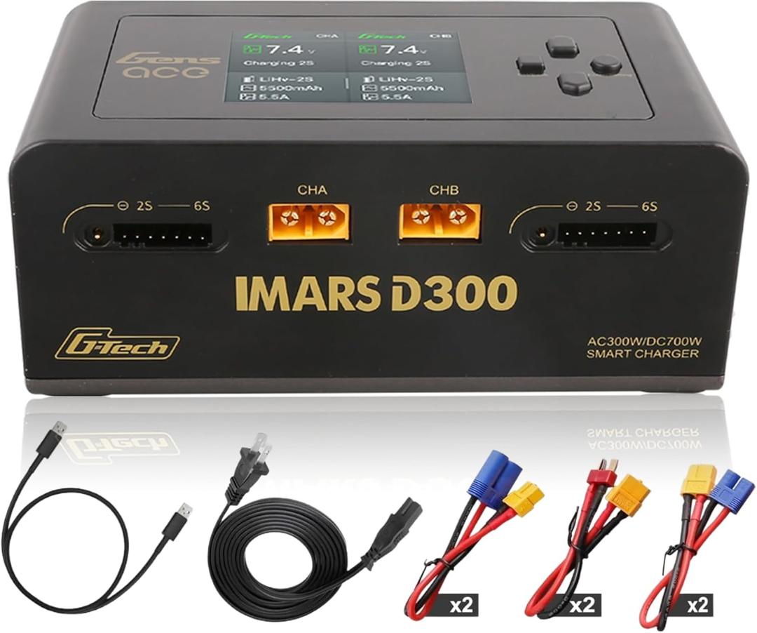 IMARS D300 Gens Ace Lipo Battery Charger G-Tech Series Smart Dual Lipo Balance Charger AC 300W DC 700W(350W*2) 16A Dual Channel Charger for 1s~6s Lipo Batteries, Life/NiCd/MH/LiHV, Plug&Play (Black)