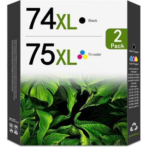 74XL 75XL Ink Cartridges Combo Pack Replacement for HP 74 75 Ink Cartridges for DeskJet D4260 Photosmart C4280 C4300 C4400 C4500 OfficeJet J5788 J6480 Printer (2-Pack, 1Black/1Tri-Color)