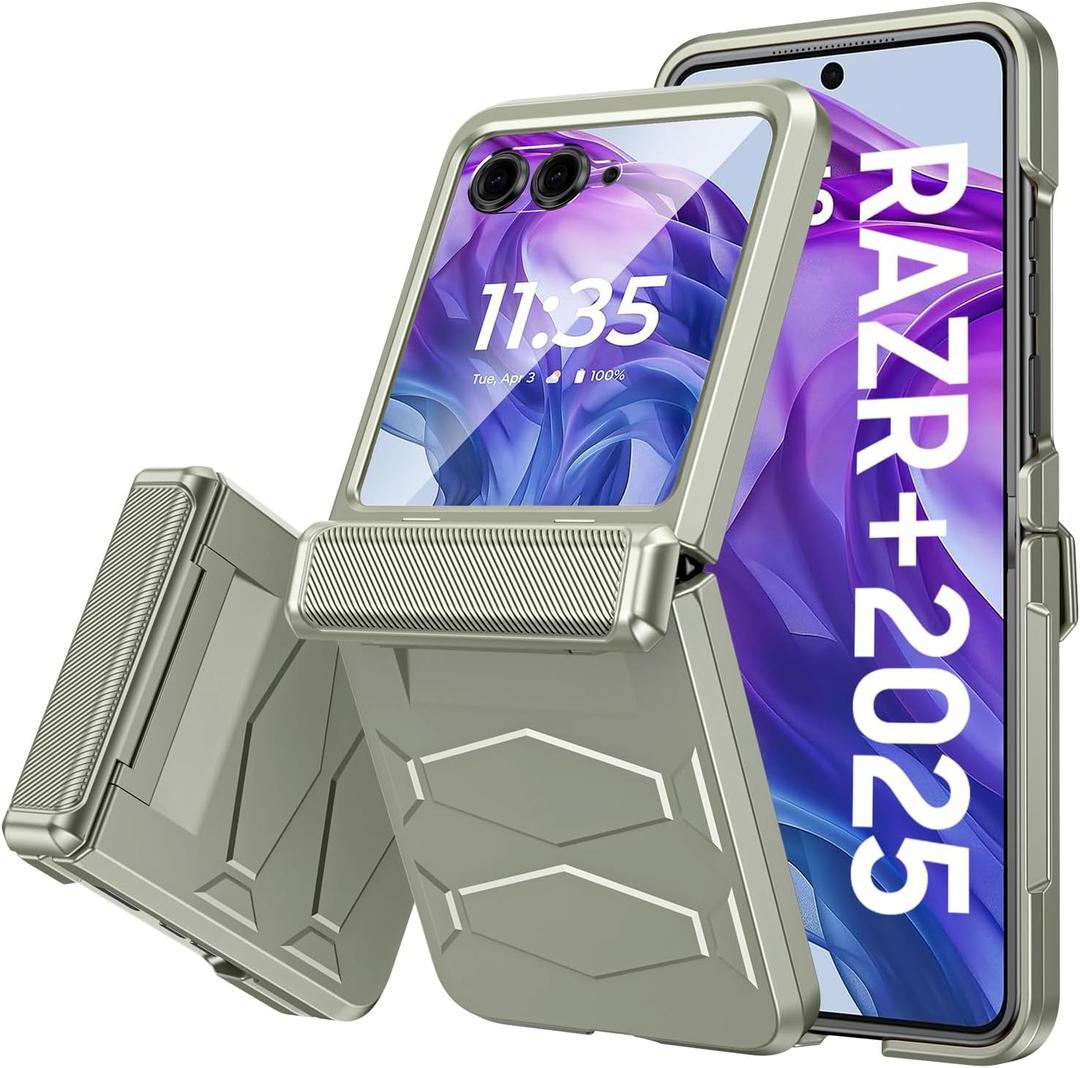 Vizvera for Motorola Razr+(Plus) 2025 Case with Hinge Cover,Built-in Screen Protector Shockproof All-Inclusive Smartphone Cover Wireless Charging for Motorola Razr+(Plus) 2025(Natural Titanium)