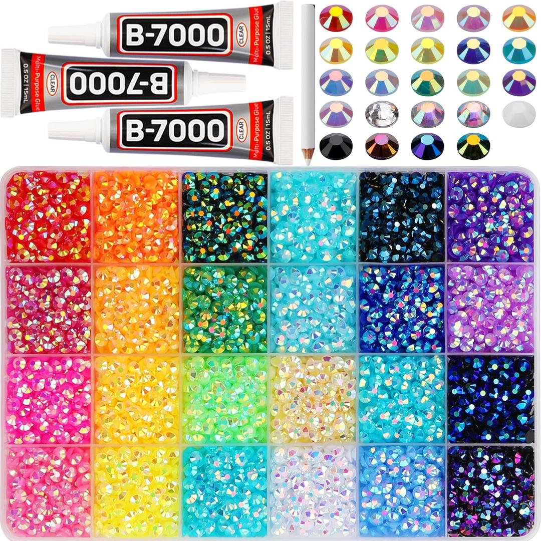 9000Pcs 5mm Rainbow Jelly Colored Rhinestones Gems Bedazzling Bedazzler Kit Jewels Gemstones Stones for Crafts Clothes Crafting Book, Flat Back Resin Bedazzled Crystals SS20 Bulk, Bejeweled B7000 Glue (Large Pack + 3pcs Glue, Jelly AB | 24 colors | 5mm)