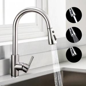 Kitchen aucet wce Steel 3 Mode(štream/SprayIPause), Single Handle Kitchen Sink F with Pull Down Sprayer, High Arc Brushed Nickel 360 Swivel, Grifos para Fregaderos de Cocina