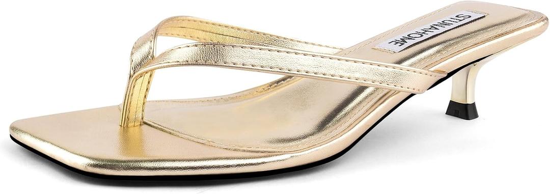 STUNAHOME Womens Kitten Heel Thong Sandals with Memory Foam Cute Flip Flop Heels for Women 1.4 Inches (Gold), Size 9