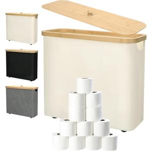 Toilet Paper Storage 30L - Waterproof Toilet Paper Basket with Bamboo Lid and Handle, Bathroom Organizer (Light Beige)