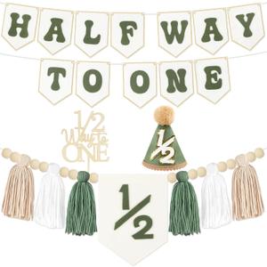 1/2 Birthday Green Half Birthday Decorations - White Blue It's My 1/2 Birth Banner Glitter Cake Topper Tassel Wood Bead High Chair Banner & Cone, Hat Halfway to One Party Supplies