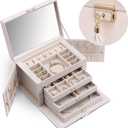 Vlando Lockable Jewelry Box Organizer with Key, 3-Tiered Storage Tray for Necklaces Earrings Rings Bracket Accessories Storage Display, Full HD-Mirror, Pink Beige