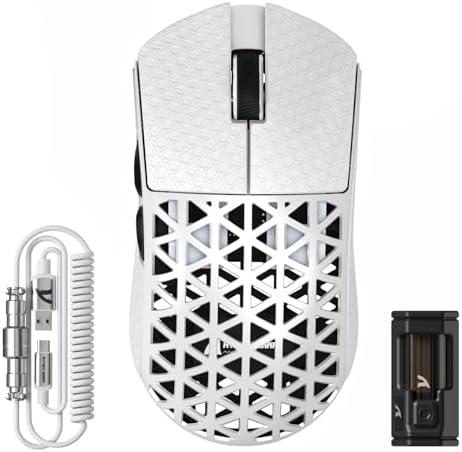 ATTACK SHARK R5 Ultra Wireless Gaming Mouse,Carbon Fiber Shell 39g Superlight,PAW3950MAX Optical Sensor Nordic 52840 MCU 8K Polling 42K DPI,Tri-Mode Programmable Mice with Coiled Cable-White&Griptape