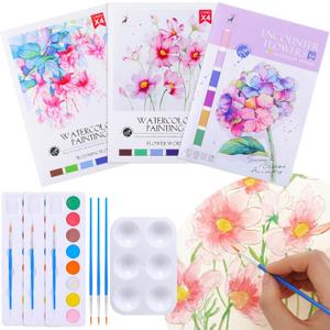 Leyndo 3 Pack Flowers Watercolor Coloring Books for Adults Teenager Watercolor Paint Books Water Color Paint Workbook Sets for Beginners Women Pocket Handbook Stocking Goodie Bag Kit