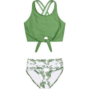 Mirawise Girls Swimsuits Swimwear Bathing Suit Beach Bikini Two Piece Tie Front Swimsiuts 4-13Y (12-13 Years, Green Tropical U95)