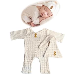 Newborn Baby Photography Bodysuits Outfits Boy Girl Infant Photo Crochet Romper Outfit (Beige)