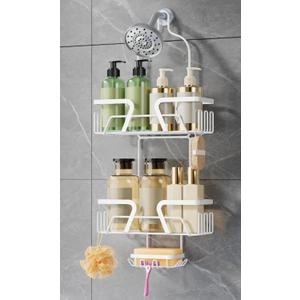 DAOYA White Shower Organizer Hanging - 2 Over The Shower Head Caddies + Soap Dish, Stainless Steel Rust-Free Bath Organizer