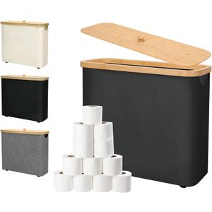 Toilet Paper Storage 30L - Waterproof Toilet Paper Basket with Bamboo Lid and Handle, Bathroom Organizer (Dark Black)