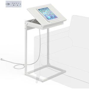 C Shaped End Table with Charging Station, 45 Tiltable Adjustable Flip Top Side Table with Storage,Small C Table for Small Spaces,Slide Under Couch Sofa Bedside Table for Living Room,White