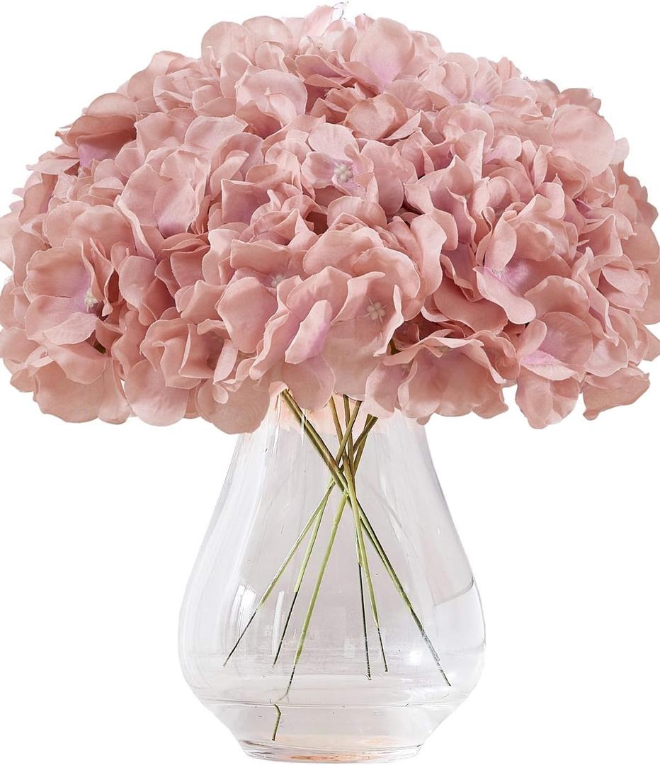 Dusty Rose Pink Artificial Hydrangea Flowers Heads 10 Fake Hydrangea Silk Flowers for Wedding Centerpieces Bouquets DIY Floral Decor Home Decoration with Stems(VASE NOT Included) (Large)