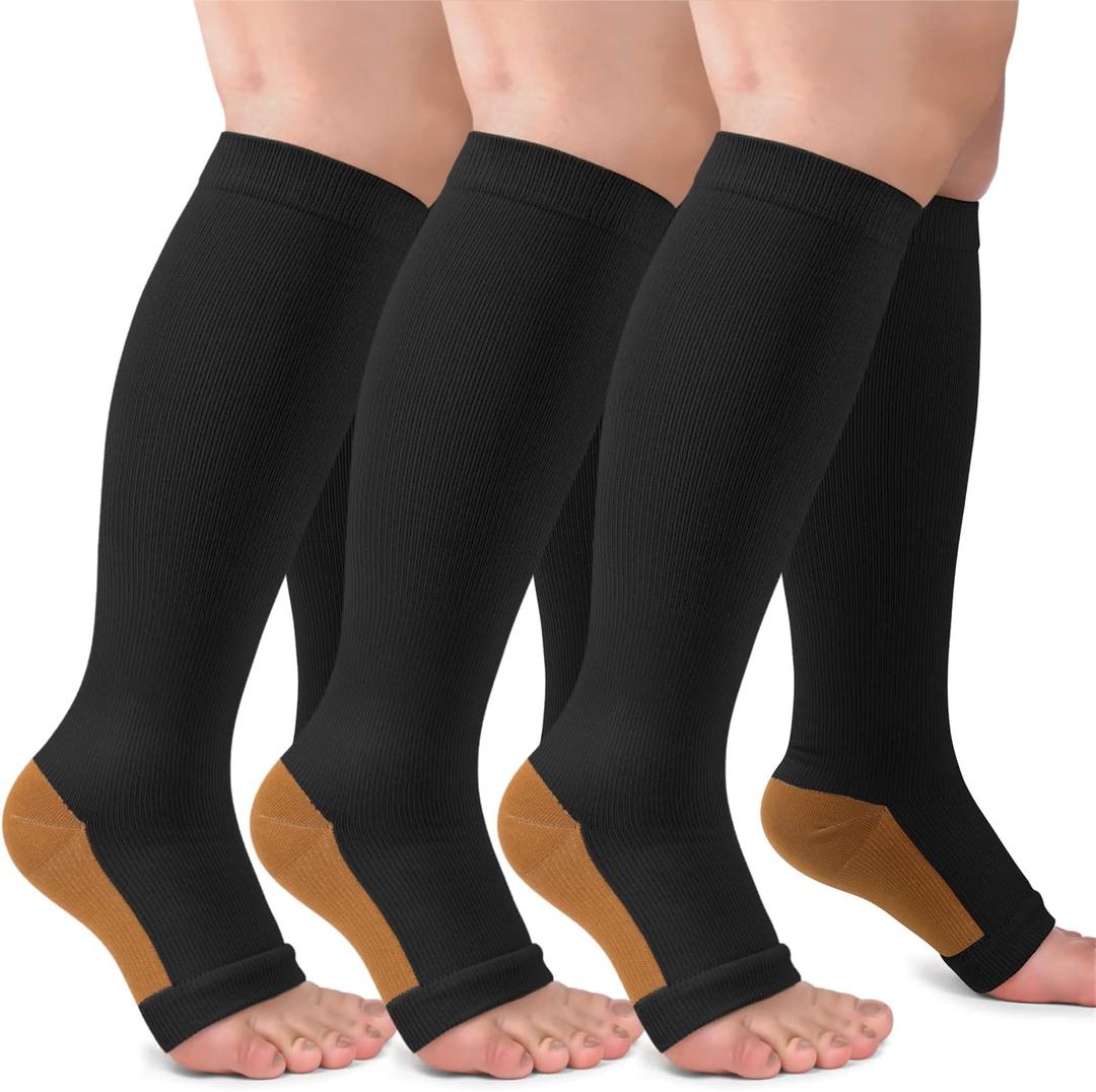 3 Pack Copper Compression Socks for Women & Men, 20-30mmHg Open Toe Knee High Stockings for Circulation Support (Black, S/M)