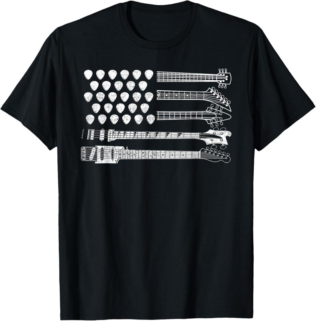 Lets Rock Rock n Roll Guitar Retro USA FLAG T-Shirt (Small, Black)