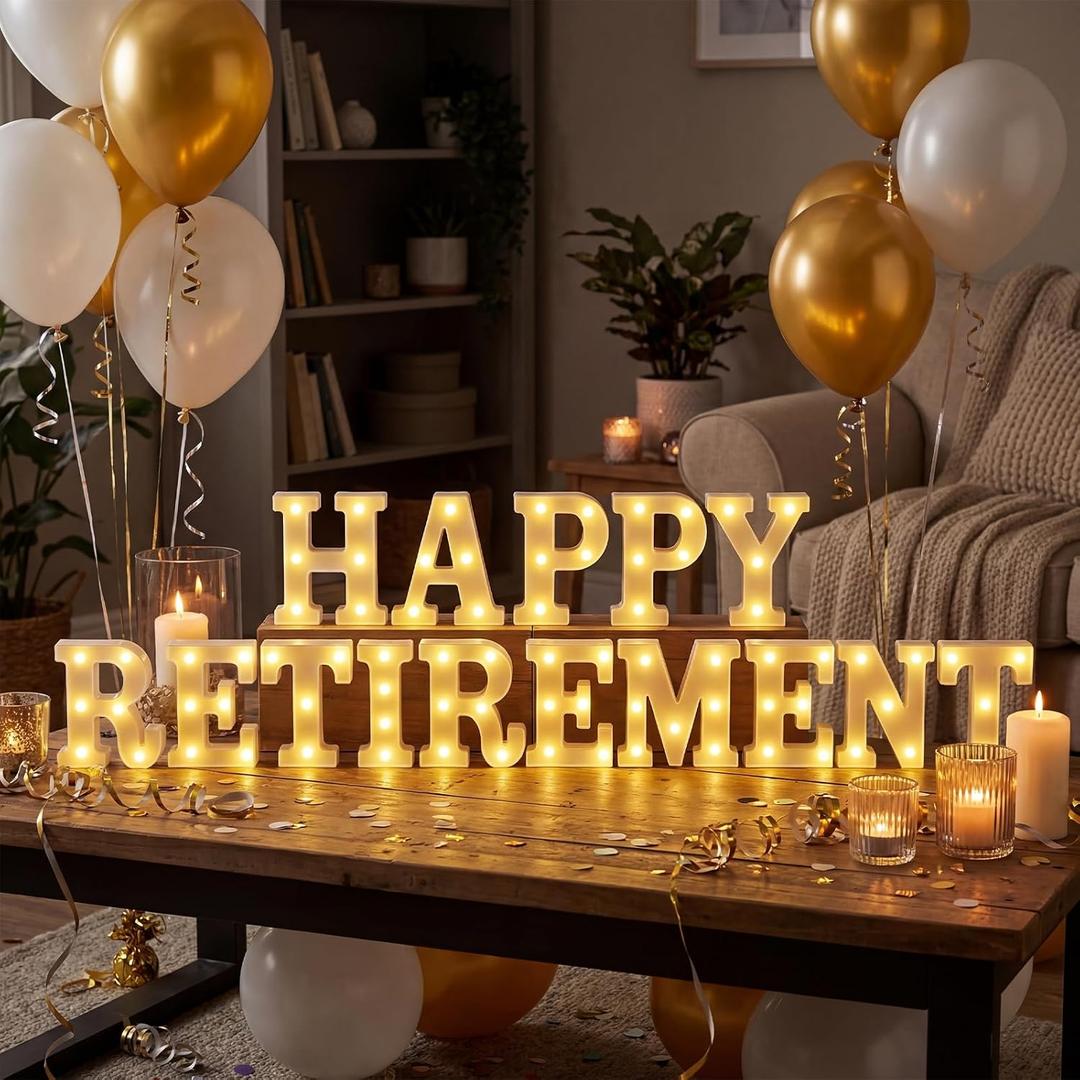 15 Pcs Happy Retirement Party Decorations Retired Marquee LED Light Letters Battery Powered Happy Retirement Light Sign for Wall Shelf Table Celebrating Retired Gifts Backdrop Party Supplies