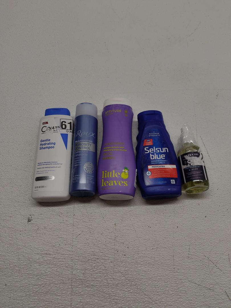 Peppermint & Aloe Hair Scalp Serum; CeraVe Gentle Hydrating Shampoo; Roux Rejuvenating Porosity; ATTITUDE Shampoo; Selsun Blue Medicated Antidandruff Shampoo